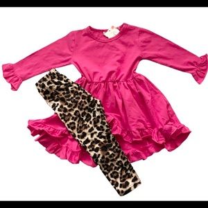 Fuyimei leopard & bright pink ruffle tunic set